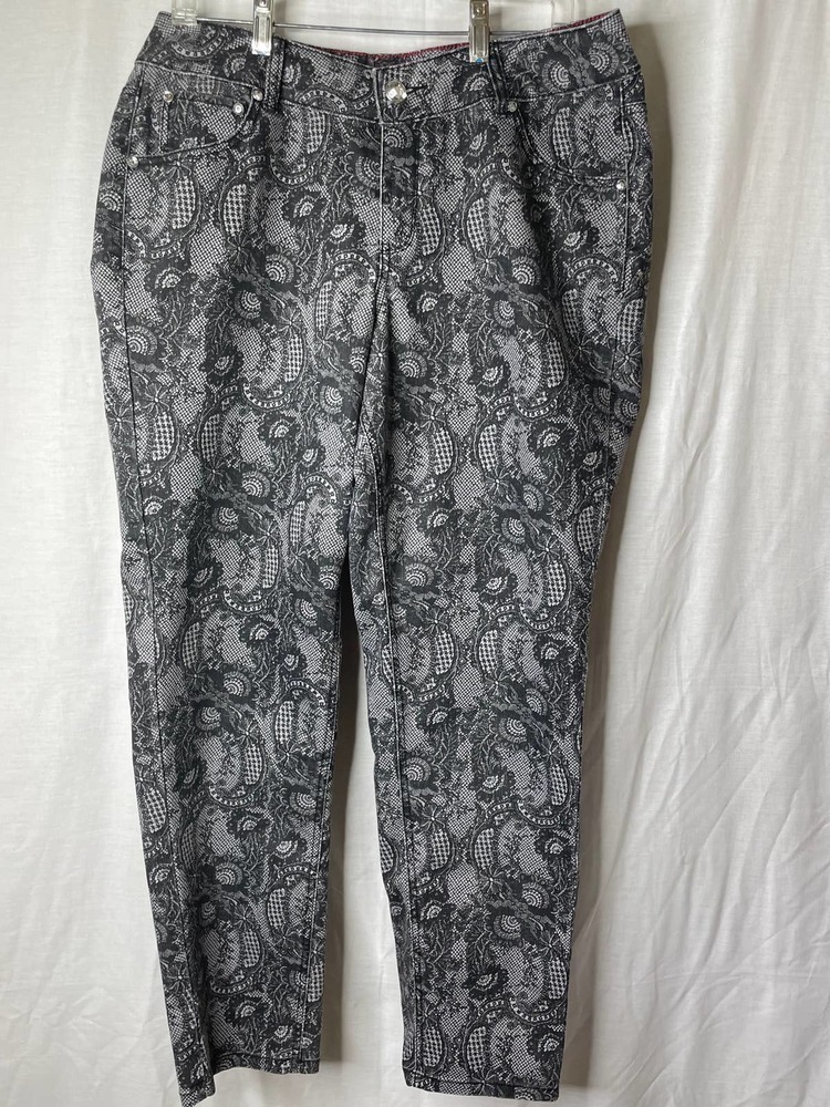 Lane Bryant Black Grey Paisley Print Jeans Pants Size 14 Diamond Buttons 34x30 *